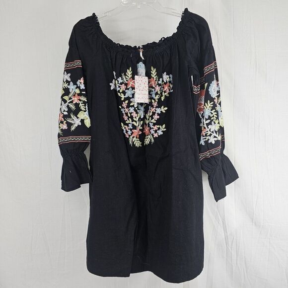 Free People Fleur Du Jour Black Embroidered Off The Shoulder Dress Size LARGE - Picture 3 of 10